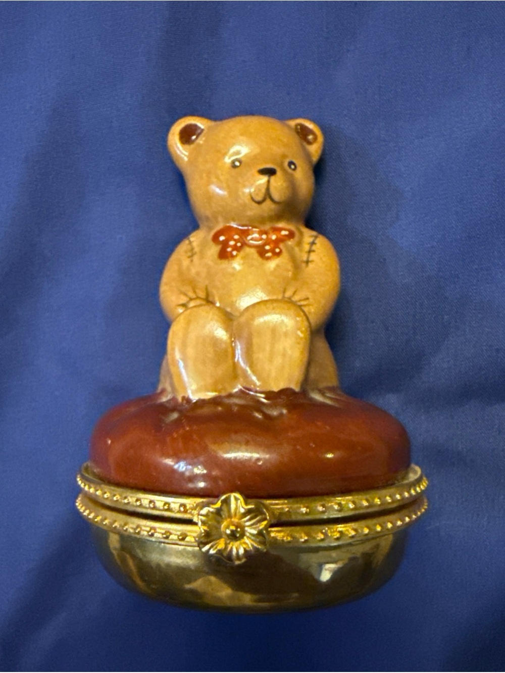 Teddy Bear Hinged Ceramic Trinket Box Brown Base Gold Tone 3.5”